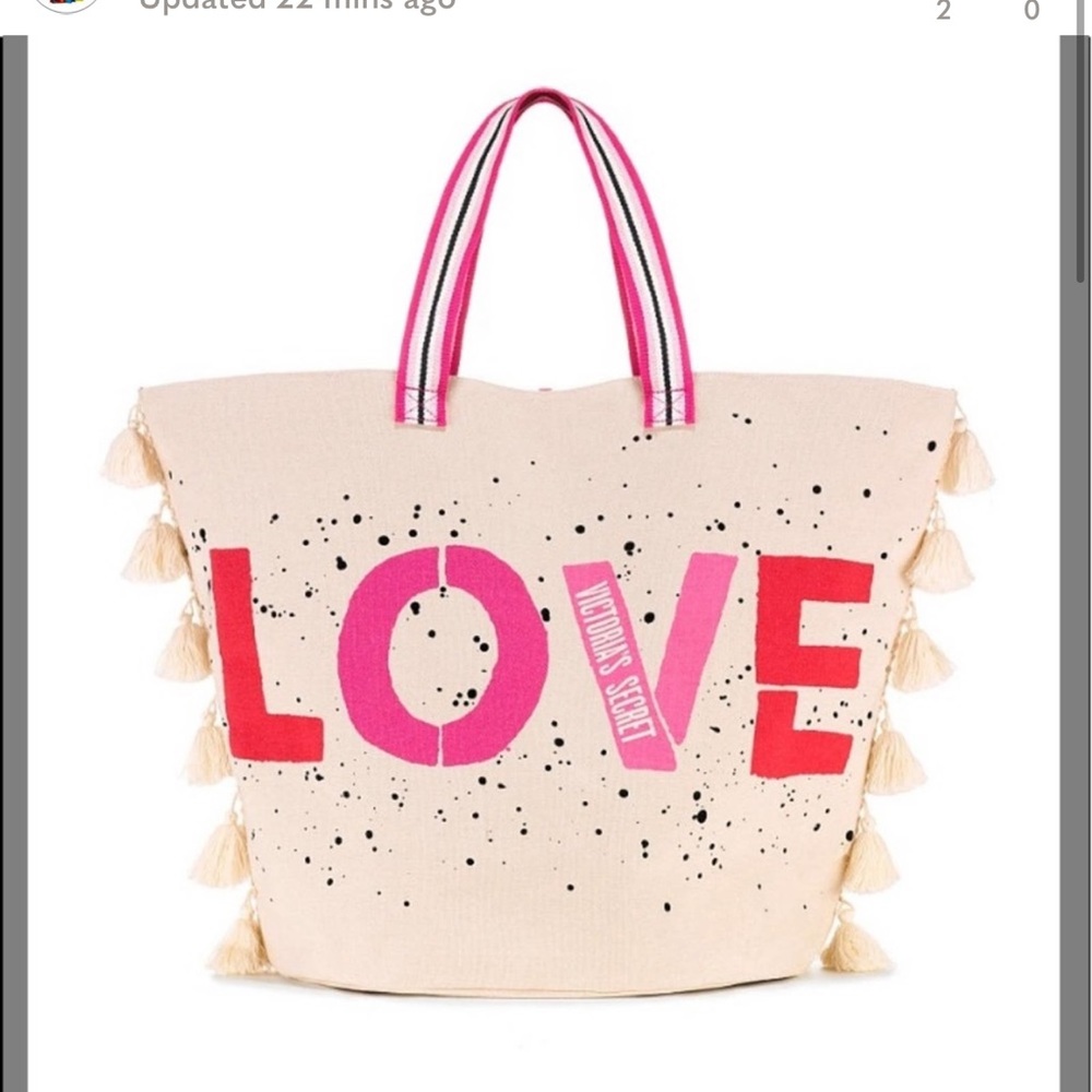 NWT Victoria’s Secret love beach bag with pom poms